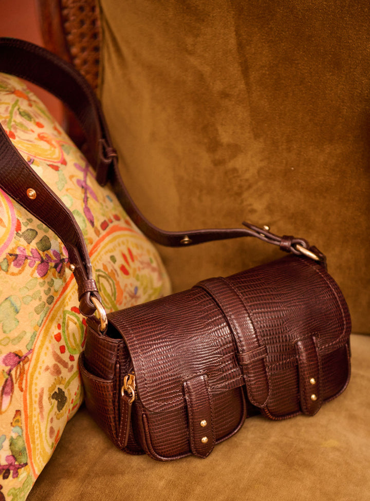 Mini Sac Bandoulière Vintage En Cuir Authentique - Marron - Intérieur Toile - Occasion