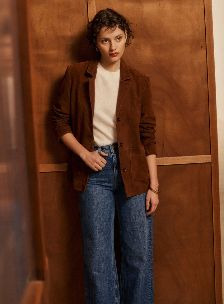 Veste/blazer En Daim Véritable CONTEXTE Taille 6P - Marron Foncé - Neuf Sans étiquettes