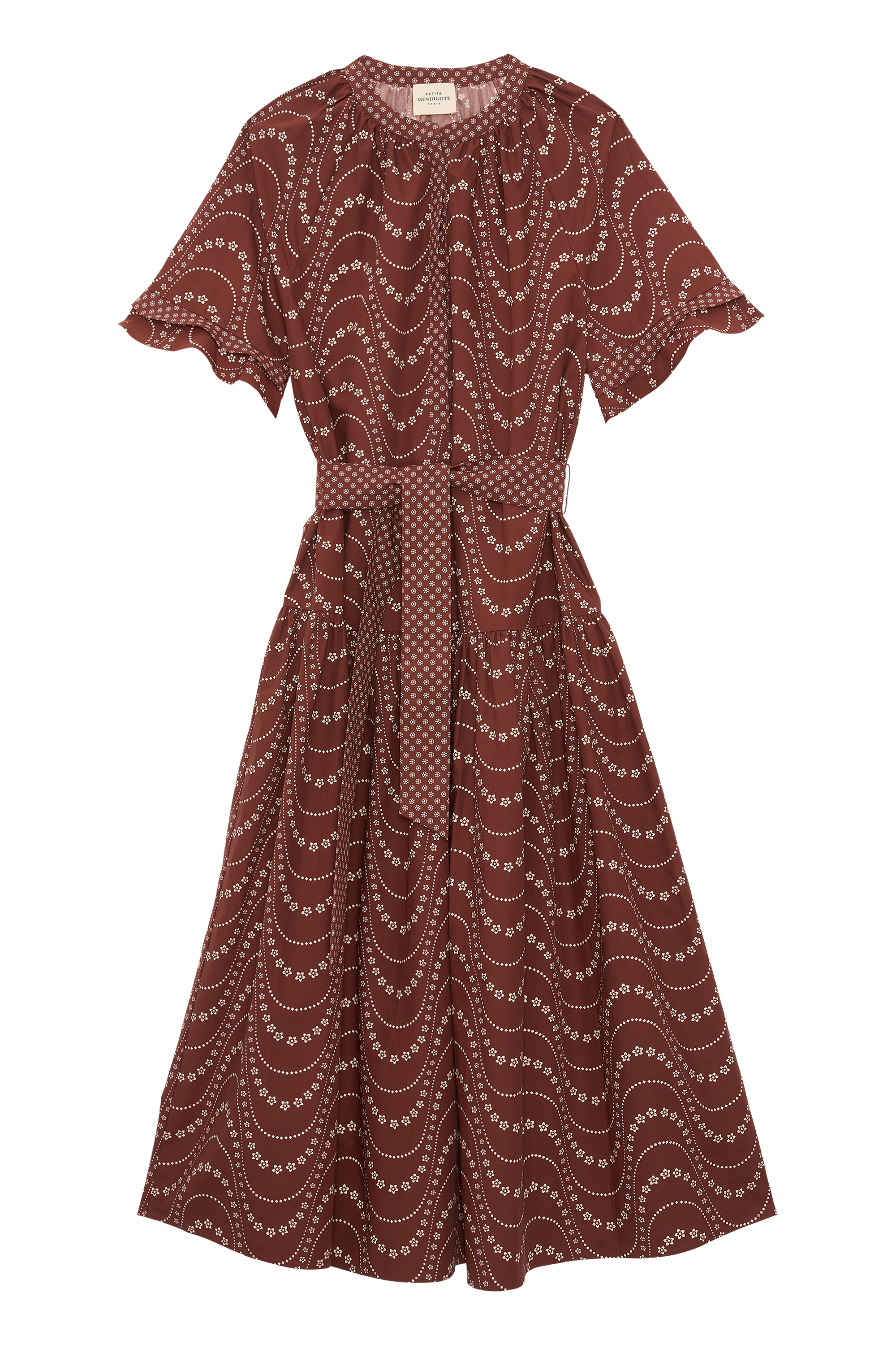 Charlie - Long, flowing, printed brown short-sleeved dress Petite Mendigote Charlie - Long, flowing, printed brown short-sleeved dress Petite Mendigote