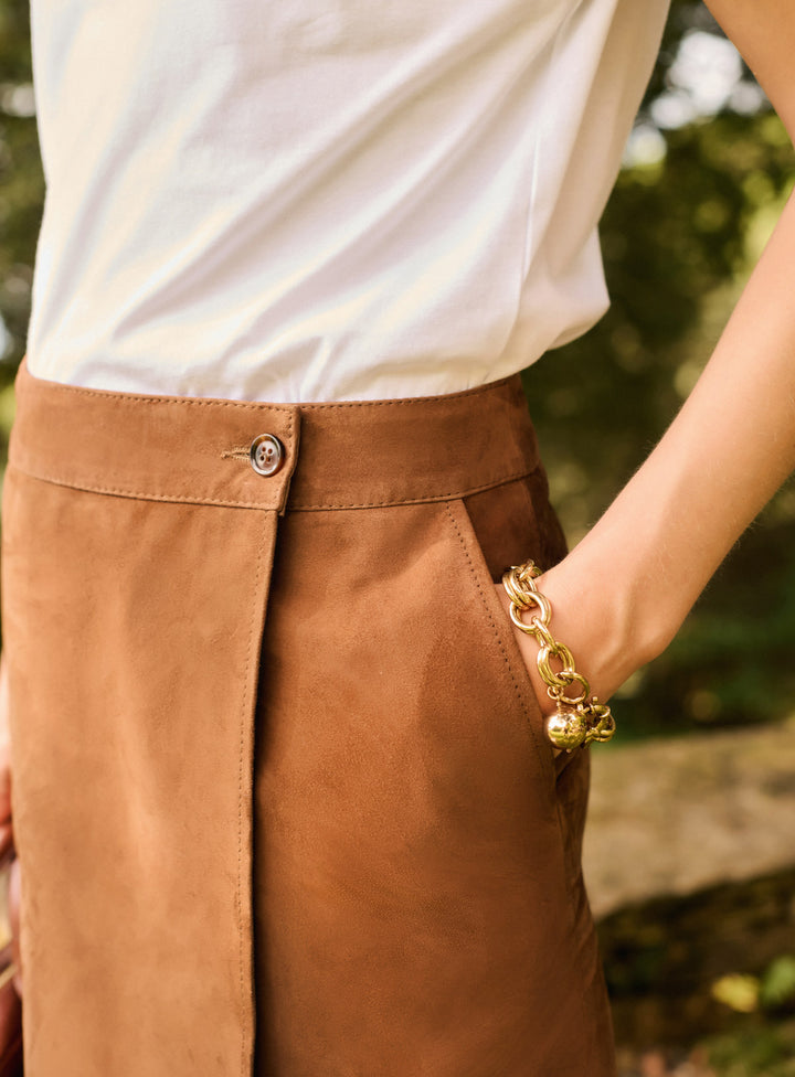 Jupe En Cuir Sauvage France Taille 66cm (36/S) - Couleur Beige/vert/camel, Occasion Très Bon état