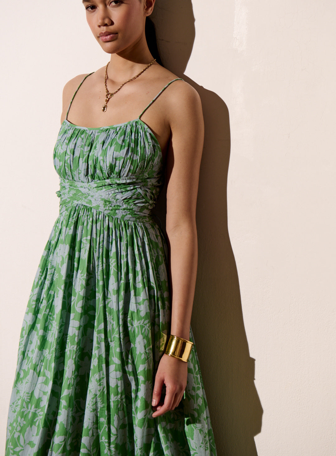 Elena - Blue and green printed backless maxi dress with spaghetti straps Petite Mendigote Elena - Blue and green printed backless maxi dress with spaghetti straps Petite Mendigote